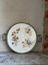 Vintage serveringsfad med tinmontering og blomsterdekor