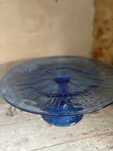 Blåt glas kagefad på fod